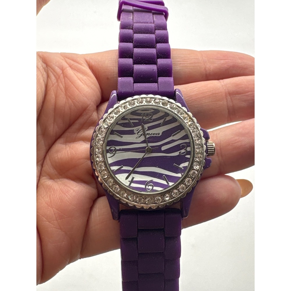 Geneva Womens Purple Zebra Print Rhinestone Watch Japan Movt 5573Z Silicone Band